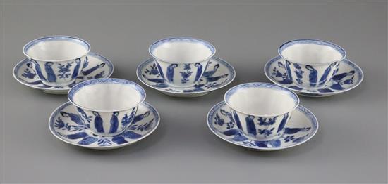 A set of five Chinese blue and white Long Eliza tea bowls and saucers, Kangxi period, saucers 9.7cm diameter, one teabowl repaired